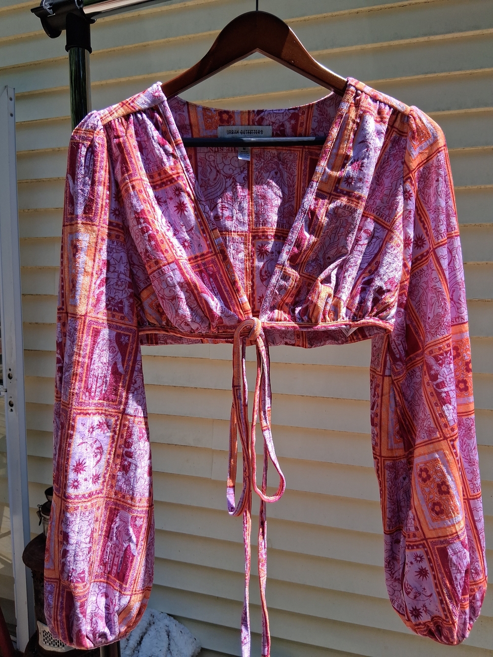 Urban Outfitters Pink & Orange Paisley Patchwork Cropped Tie-Front Top
